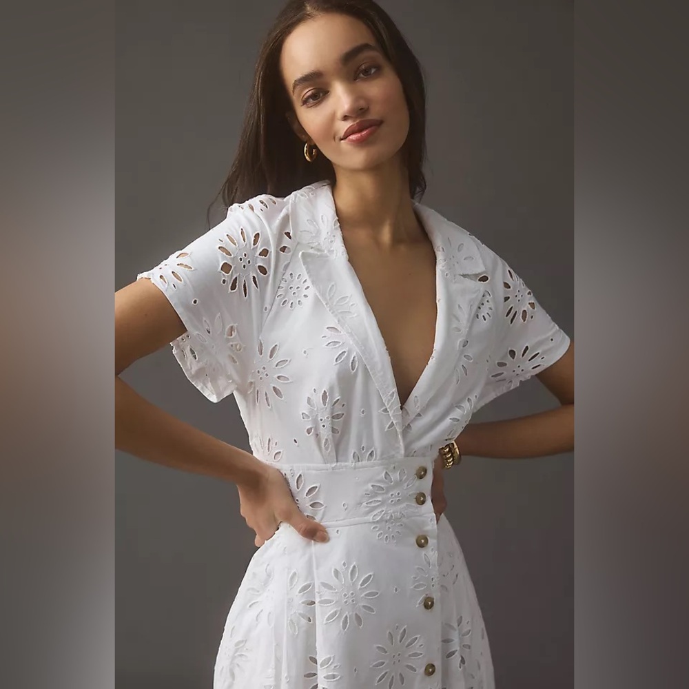 Anthropologie White Eyelet Button-Front Dress